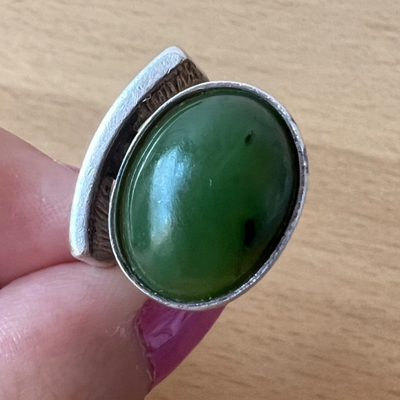 VINTAGE MODERNIST DESIGN JADE NEPHRITE CABOCHON RING 925 STERLING SILVER UNIQUE - Picture 15 of 16